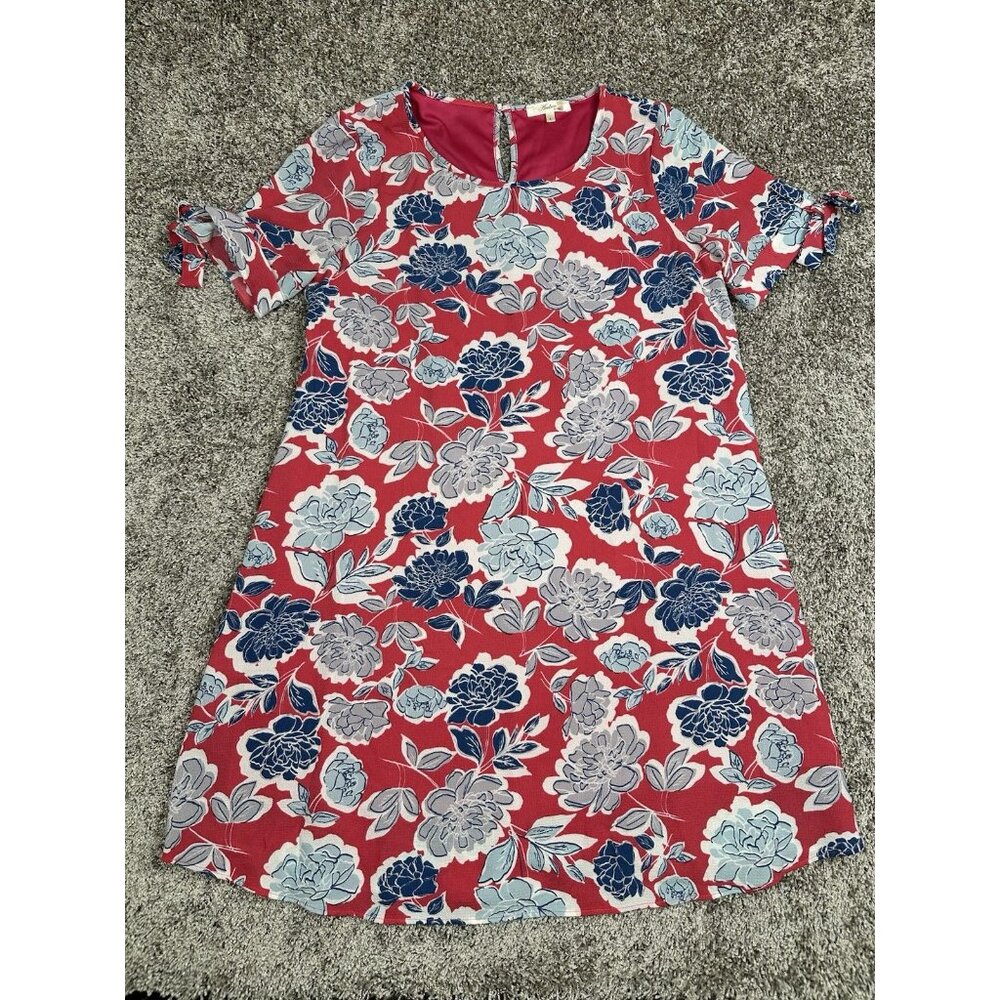 Andree by Unit Pink Floral Shift Dress L Tie Sleeve Scoop Neck Knee Length